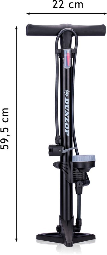 Pompe à vélo Dunlop avec manomètre et jeu d'adaptateurs de valve - Pompe sur pied 180 PSI - Compatible avec les valves Presta, Dunlop et Schrader - Raccords adaptateurs pour vélo, voiture et ballon - Boîte de rangement incluse