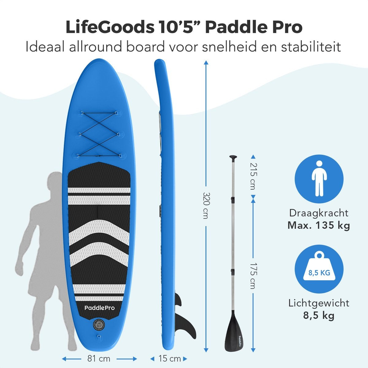 LifeGoods SUP Board - avec siège - Inflatable Paddle Board - Set complet - Max. 135KG - 320x81cm - Bleu