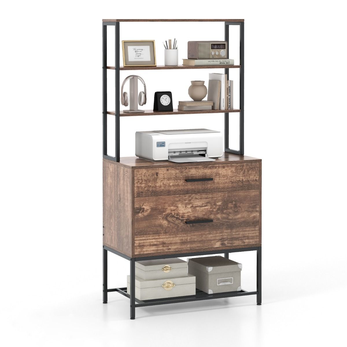 Armoire d'archivage Coast avec support pour imprimante - 3 étagères ouvertes - grand tiroir - gris