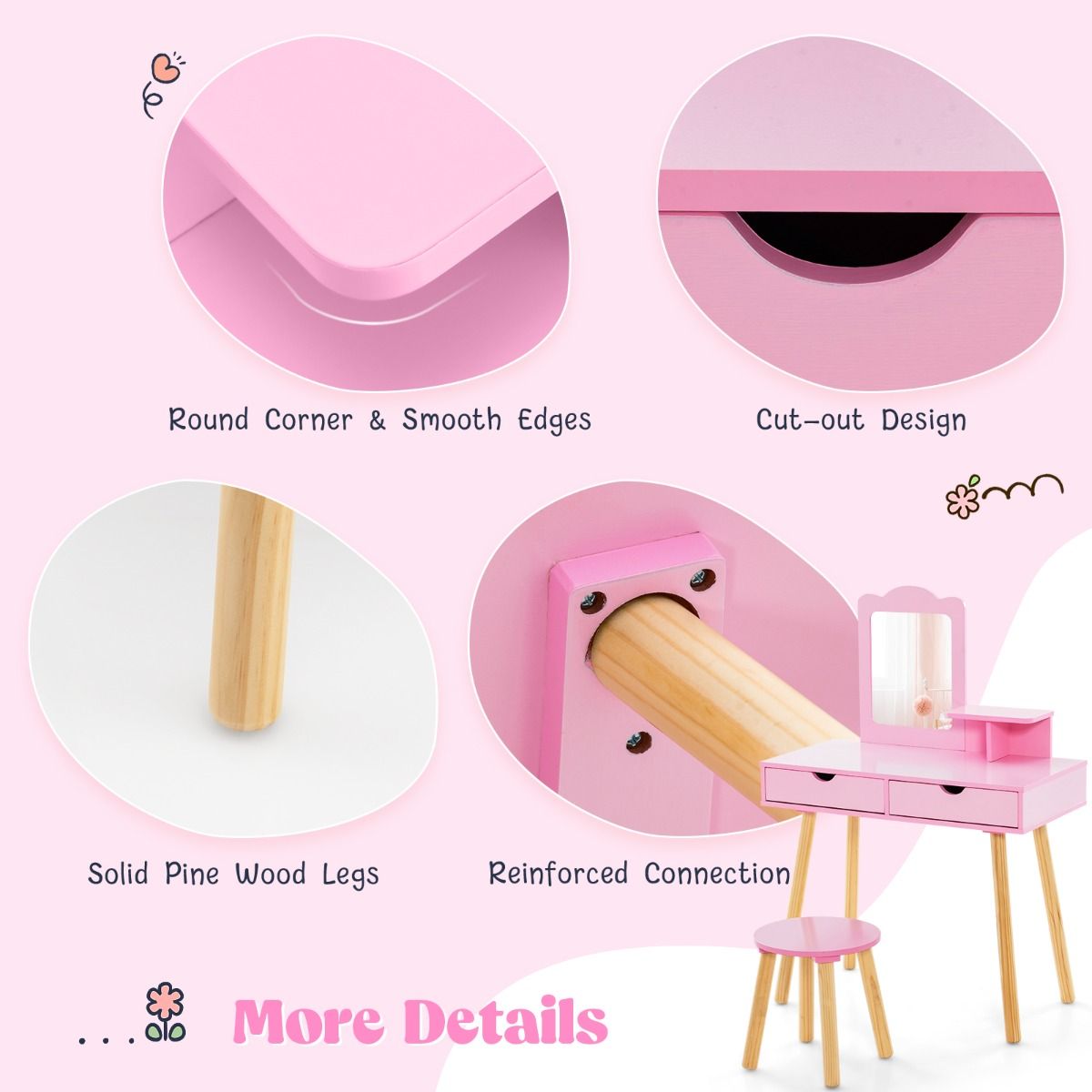 Coast Coiffeuse pour enfants - 2-en-1 avec miroir amovible - deux tiroirs et un tabouret en bois - rose