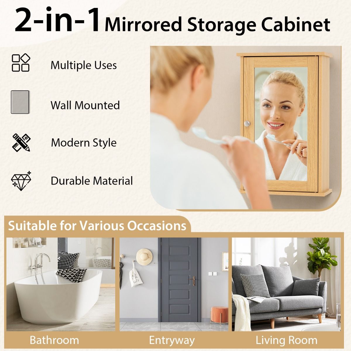 Armoire de salle de bains Coast avec miroir - Porte réversible - Étagère réglable - Naturel