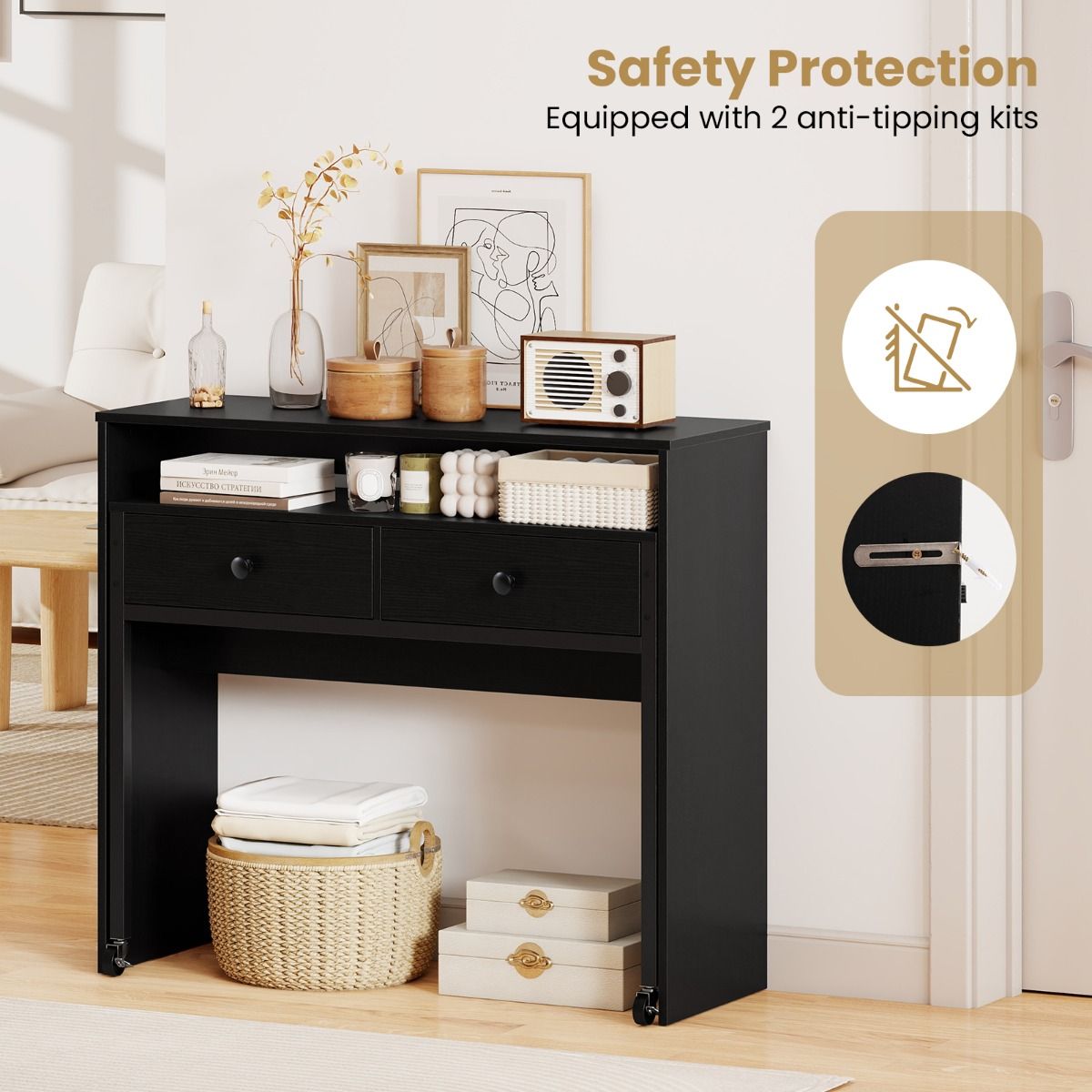 Bureau extensible Coast - avec 2 tiroirs - roulettes verrouillables - noir - 100 x 63 x 88 cm