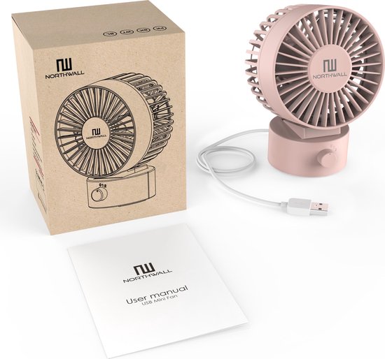 Mini ventilateur USB Northwall - Ventilateur de table rose - Mini ventilateur silencieux - Ventilateur de bureau rétro - Petit, silencieux et discret - Double moteur - Inclinable - 2 vitesses