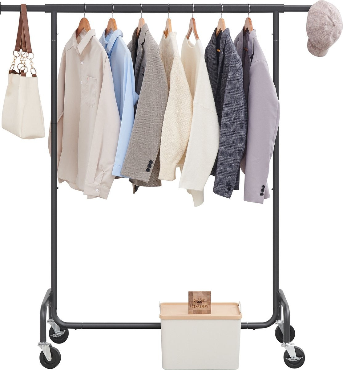 O'DADDY® Porte-vêtements à roulettes - Porte-penderie - Tringle de suspension extensible - Design robuste - Stable jusqu'à 130 kg - Métal - Noir