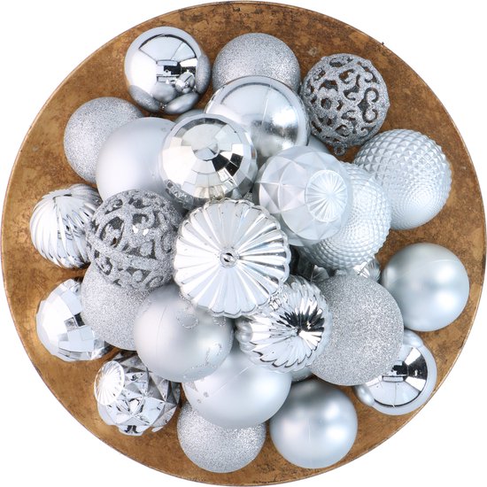 Giftsome Set de boules de Noël argentées - 60 boules de Noël en plastique - avec pic argenté - Décoration de Noël - Ø6/7 cm