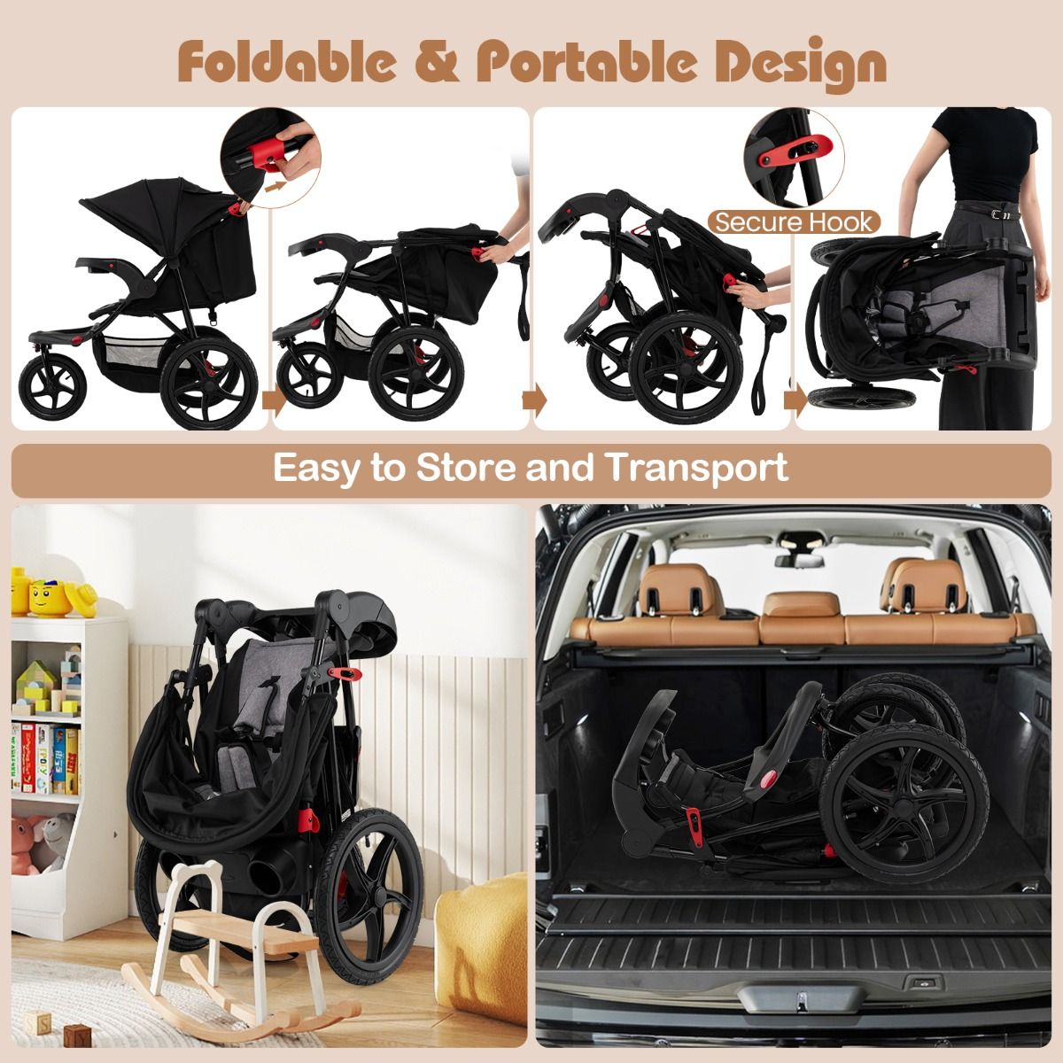 Poussette de jogging Coast - Poussette pliable - Capote réglable - Siège inclinable - Noir