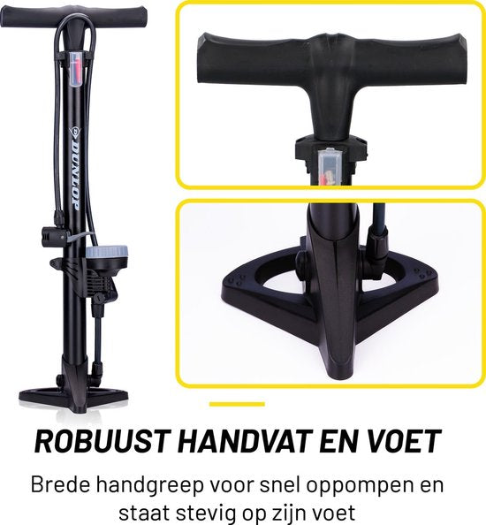 Pompe à vélo Dunlop avec manomètre et jeu d'adaptateurs de valve - Pompe sur pied 180 PSI - Compatible avec les valves Presta, Dunlop et Schrader - Raccords adaptateurs pour vélo, voiture et ballon - Boîte de rangement incluse
