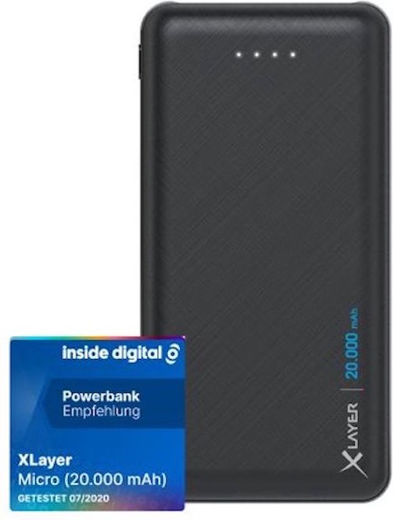 Xlayer Powerbank Micro Black - Batterie externe LiPo de 20 000 mAh - 2 ports USB - 1 entrée USB-C - noir