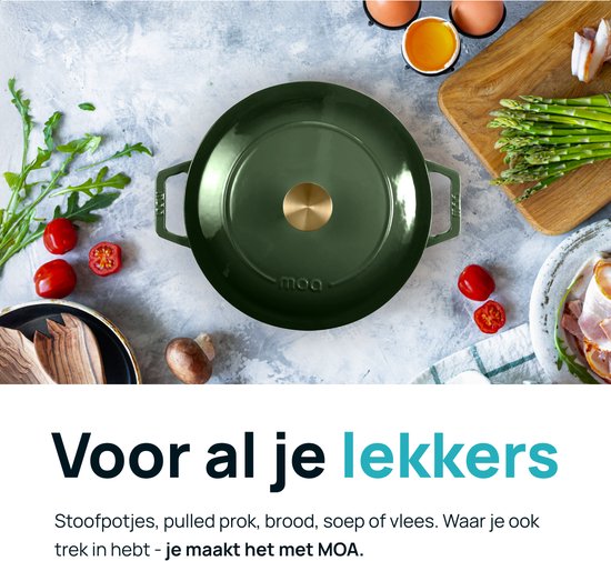 MOA Casserole en fonte - 5,7L - Pour toutes les sources de chaleur y compris l'induction - Avec couvercle - Ø 26cm - Revêtement antiadhésif - Vert