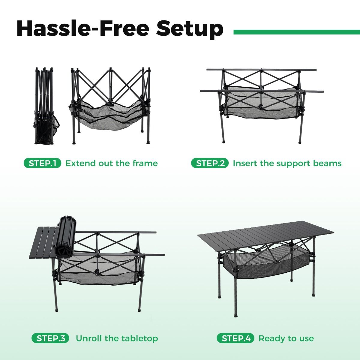 Table de camping pliable Coast - Plateau en aluminium enroulable - Avec panier en filet - Noir 119 x 56 cm