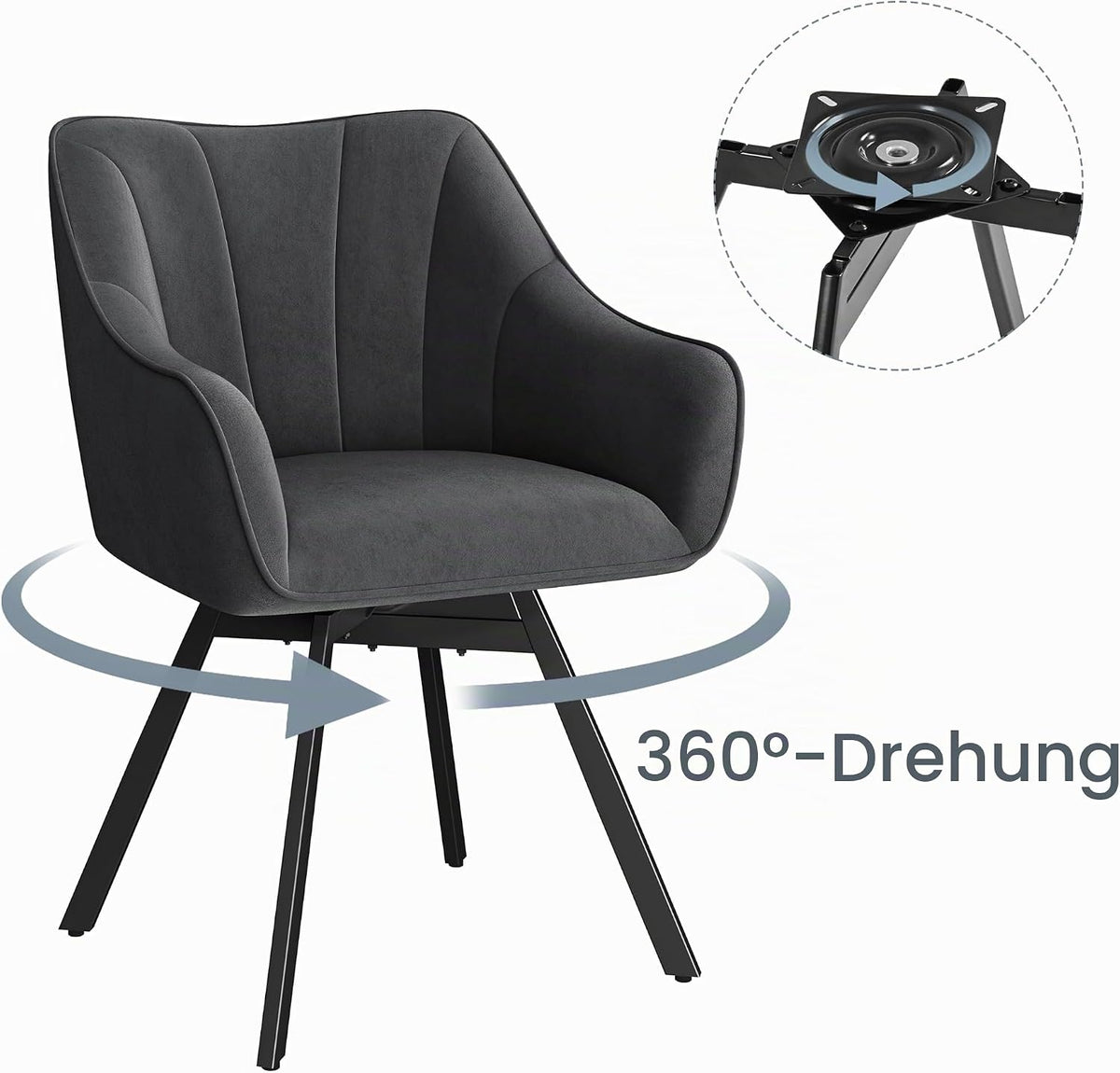 Chaise de salle à manger Yaheetech pivotante à 360° avec accoudoirs - Velours - 55 x 58,5 x 82 cm - Gris foncé