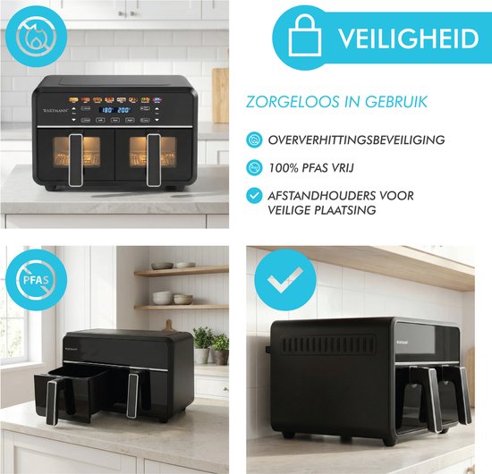 Friteuse à air chaud double XXL 11 L - Friteuse à air chaud sans PFAS - Infrarouge - Double zone - 2 x 5,5 L - 40–200 °C - 8 programmes de cuisson - 2 850 W - WM-2511 AF - Noir