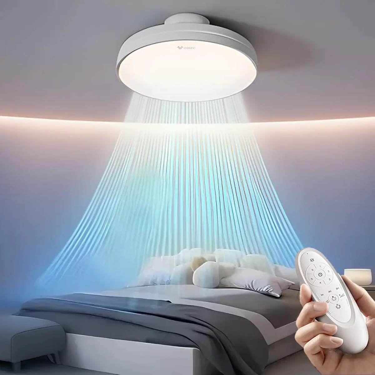 Ventilateur de plafond silencieux GONEO avec éclairage et télécommande, LED, 60 W à intensité variable, 6 vitesses, courant continu (DC), 3 couleurs de température, minuterie, Ra ≥ 97, mémoire pour chambre à coucher, classe énergétique E