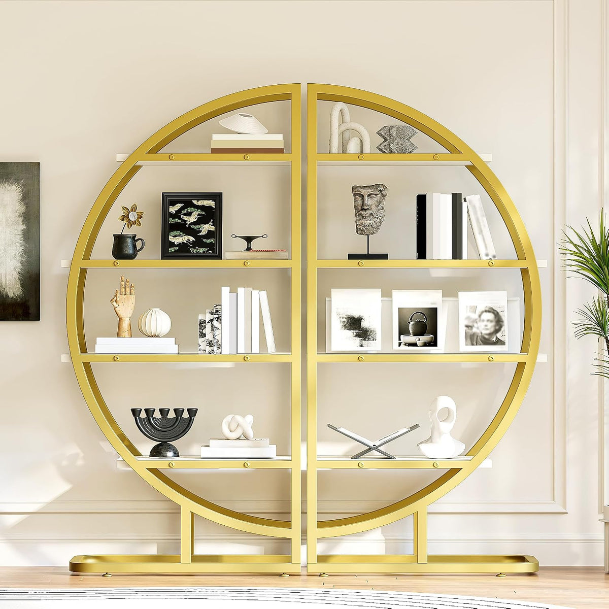 Étagère à livres Ligterra Rond - 2 modules semi-circulaires - Métal doré avec étagères blanches - 120 x 30 x 130 cm