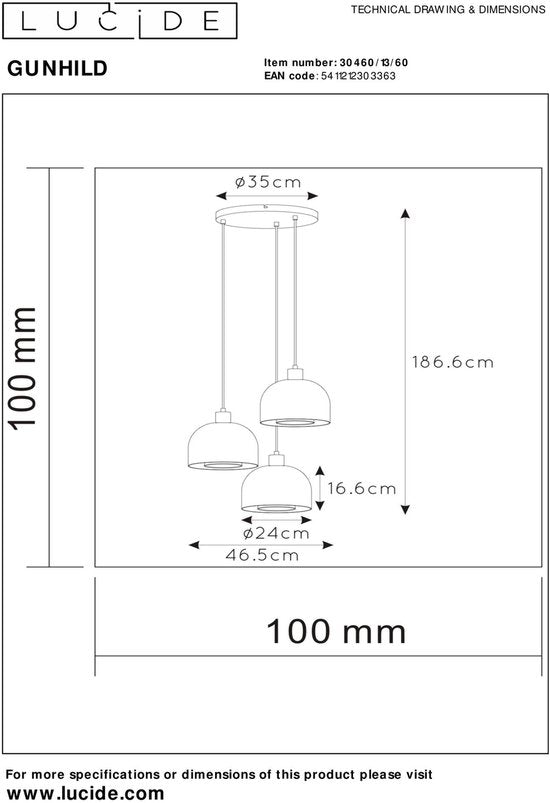 Lucide GUNHILD - Suspension - 3xE27 - Transparent