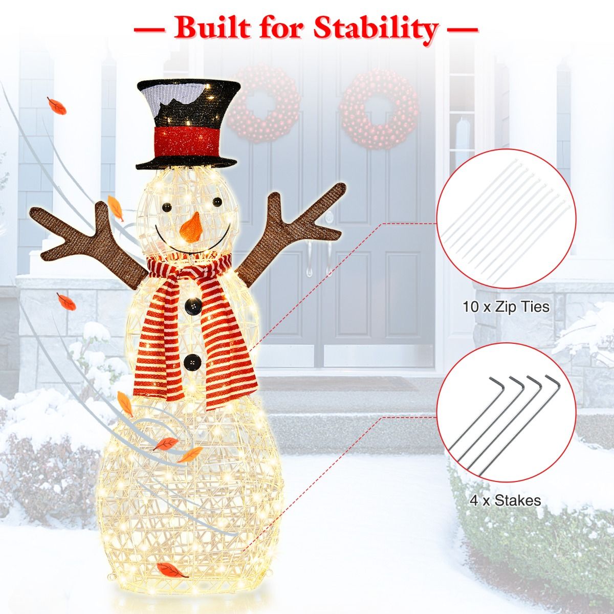 Bonhomme de neige lumineux Coast - 80 LED - Piquets et attaches de câble inclus - 66 x 14 x 110 cm