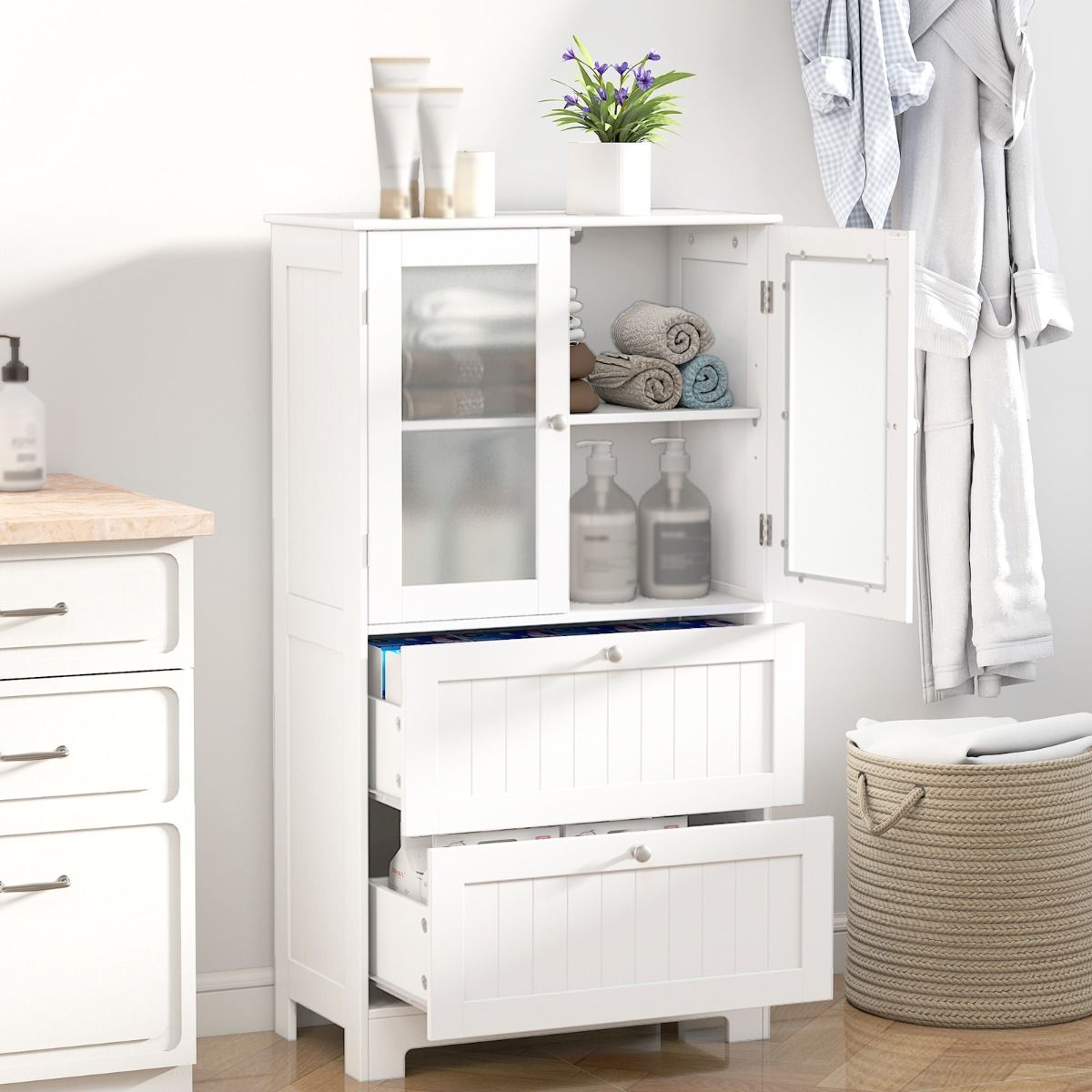 Coast Freestanding Bathroom Cabinet - 2 tiroirs et 2 portes en verre dépoli - étagère réglable - 60 x 30 x 108 cm - blanc