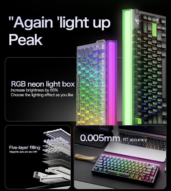 ATTACK SHARK R85HE - Clavier gaming filaire à commutateurs magnétiques - 79 touches - Bande lumineuse RGB - Lanière décorative - Bouton de volume - Touches en PBT - 8 kHz - Temps de réponse de 0,005 mm - Temps de réponse de 0,08 ms - Vert néon