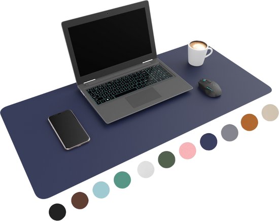 WURK Tapis de bureau professionnel en cuir synthétique - Organisateur de bureau - Tapis de bureau - Accessoires de bureau - Tapis de souris XXL- Inclut un clip de câble - 120x60 - Bleu