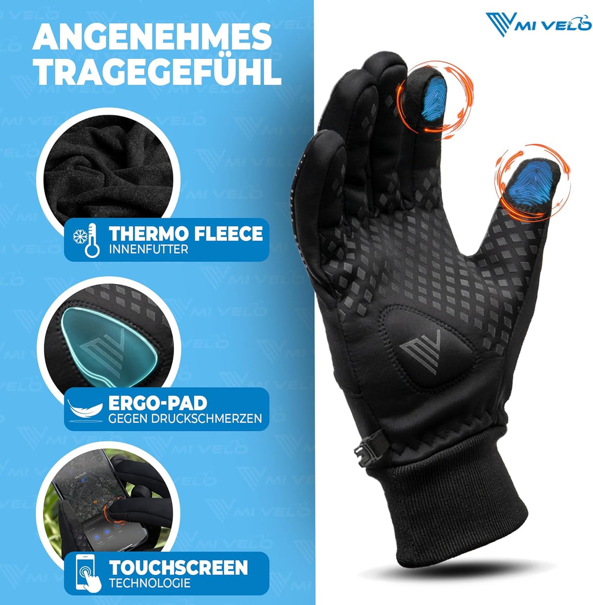 MIVELO Gants de cyclisme VELORIDER - Coupe-vent et imperméable - Fonctionne avec les écrans tactiles - Noir - Taille S