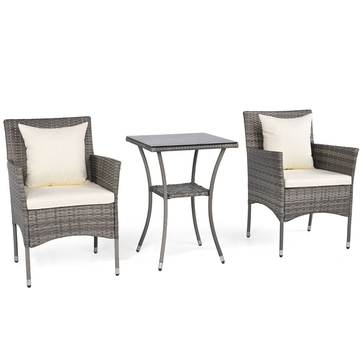 Ensemble de jardin Coast 3 pièces - 2 chaises de jardin en rotin avec coussins - table d'appoint en verre trempé - mélange de gris