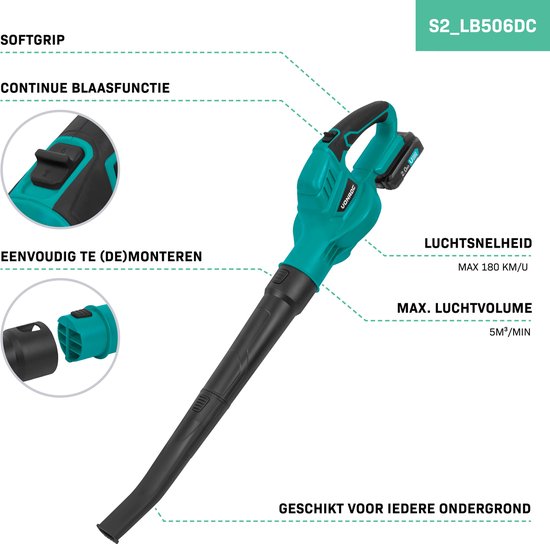 VONROC Accu Leaf Blower 20V - Vitesse d'air 180 km/h - Volume d'air 5m3/min - 2 batteries 2.0Ah et chargeur rapide inclus