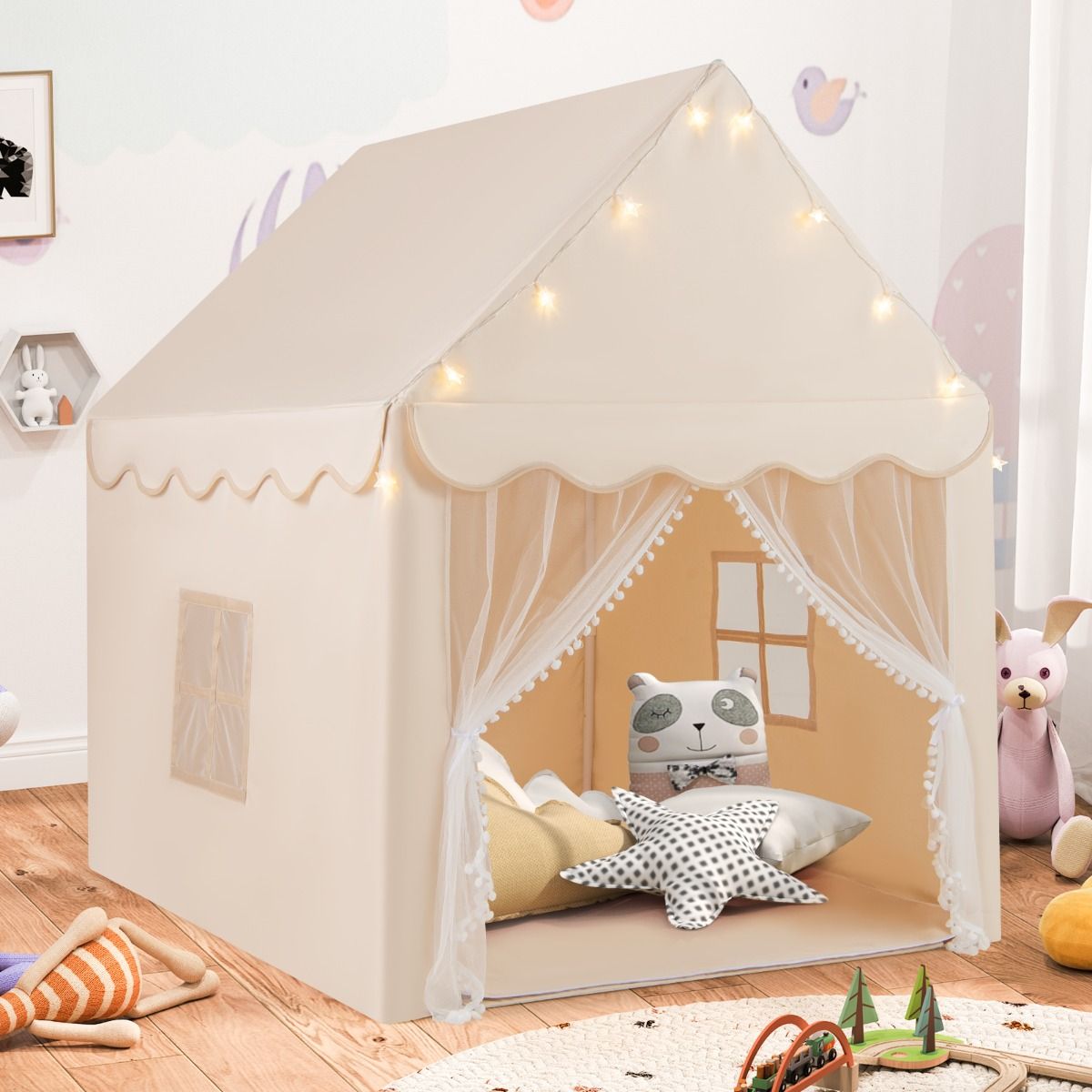 Tente de jeu pour enfants Coast - avec lumières en forme d'étoiles et fenêtres - tapis et doubles rideaux inclus - beige
