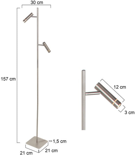 Lampadaire Volari 4711ST en acier, 2 lumières, avec LED « dim to warm » - idéal pour un usage intérieur, design moderne, hauteur 157 cm, base 21 x 21 cm, orientable et inclinable
