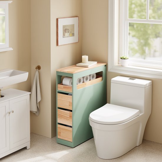 SoBuy Etagère de salle de bain avec 3 tiroirs - Meuble de salle de bain étroit sur roulettes - Rangement multifonctionnel - Vert, 65x24x82cm, BZR54-II-GR