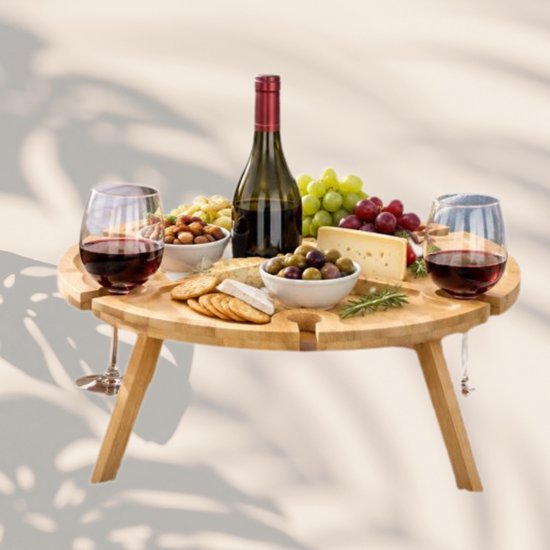 Table à vin pliable Ceruzo - Bambou - Ø 30 cm - 4 porte-verres à vin - Plateau à apéritif