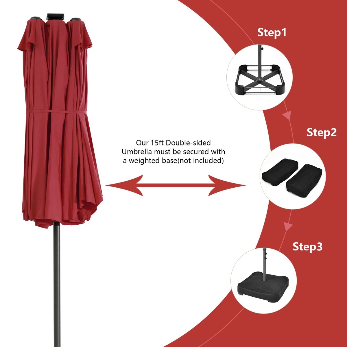 Parasol double Coast - Éclairage à 48 LED à énergie solaire - manivelle - rouge vin 470 x 280 cm