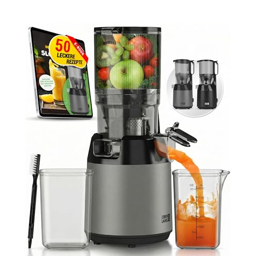 Extracteur de jus LEBENLANG - 250 W - Grande ouverture de remplissage de 130 mm - Sans BPA - Livre de recettes - Acier inoxydable