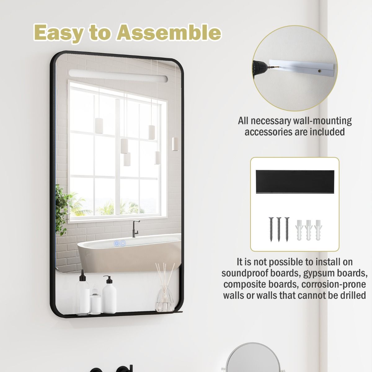 Miroir de salle de bains Coast à LED avec étagère - fonction anti-buée - température de couleur réglable - noir - 88,5 x 50 cm