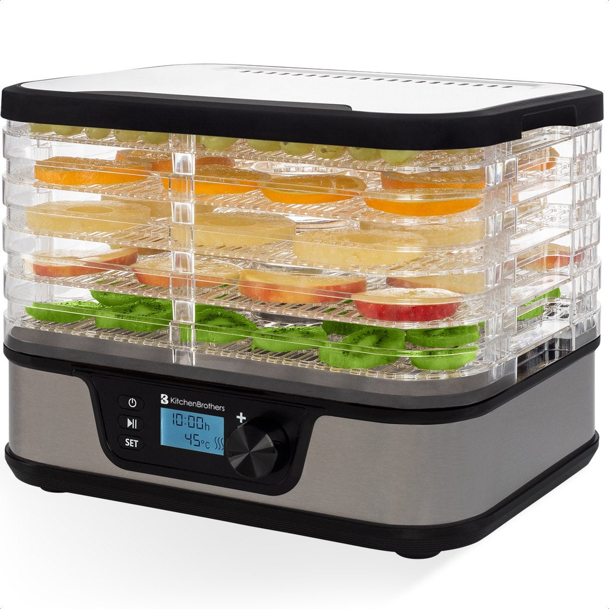 Séchoir à aliments - KitchenBrothers - électrique 380W - 5 couches - 9 niveaux de chaleur - 35°C à 75°C - minuterie - acier inoxydable/noir